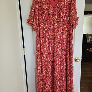 Maree maxi dress pink + red, with metallic red thread throughout, v-neck size 18